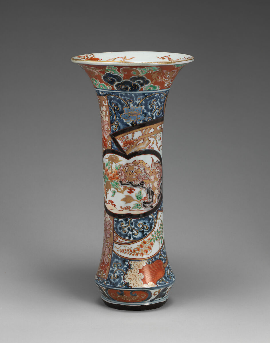 Beaker vase (part of an assembled garniture), Hard-paste porcelain with underglaze blue and overglaze enamel and gilding, Japanese, for export market (Hizen ware, Imari type) 