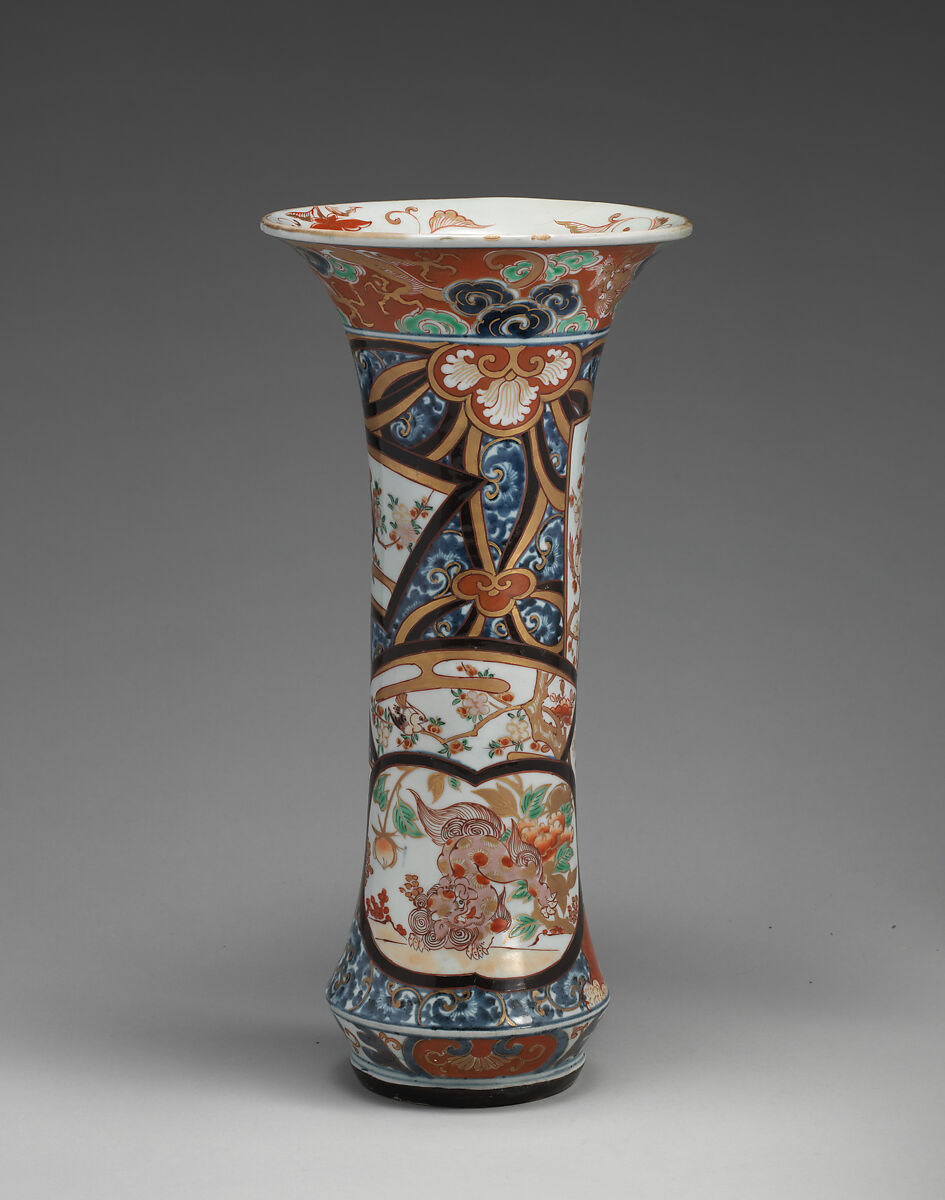 Beaker vase (part of an assembled garniture), Hard-paste porcelain with underglaze blue and overglaze enamel and gilding, Japanese, for export market (Hizen ware, Imari type)