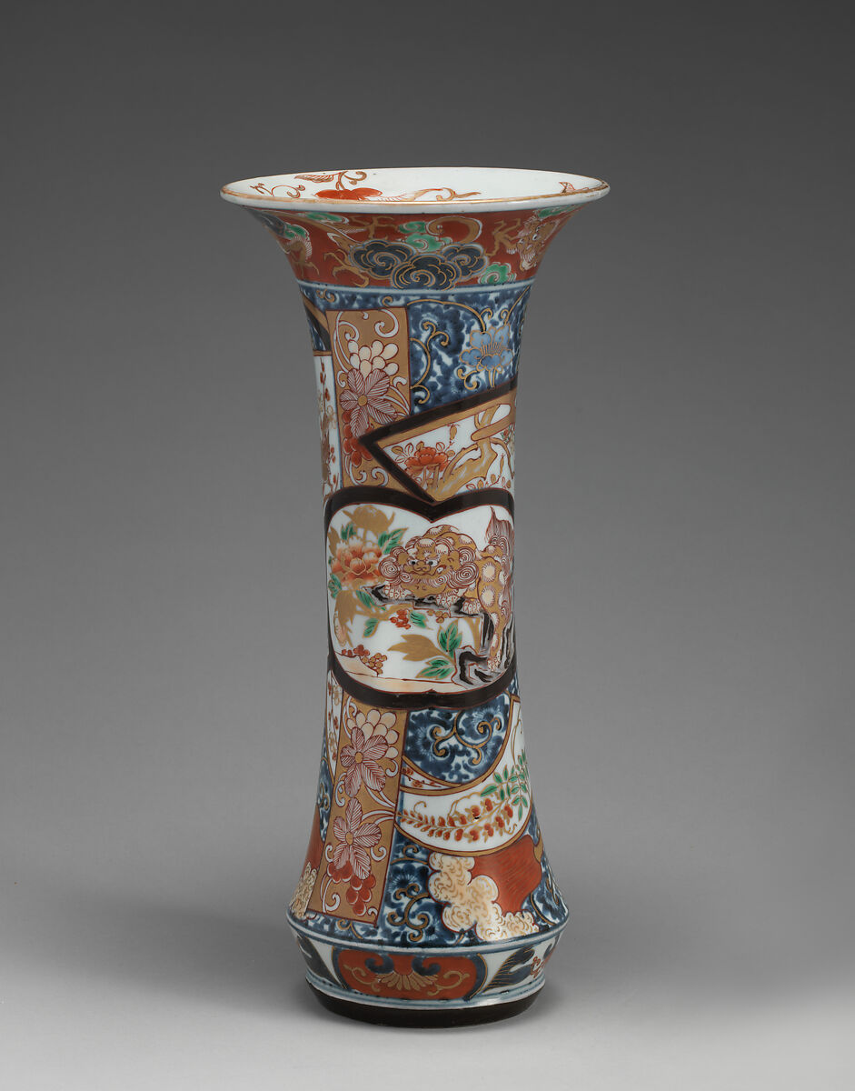 Beaker vase (part of an assembled garniture), Hard-paste porcelain with underglaze blue and overglaze enamel and gilding, Japanese, for export market (Hizen ware, Imari type) 