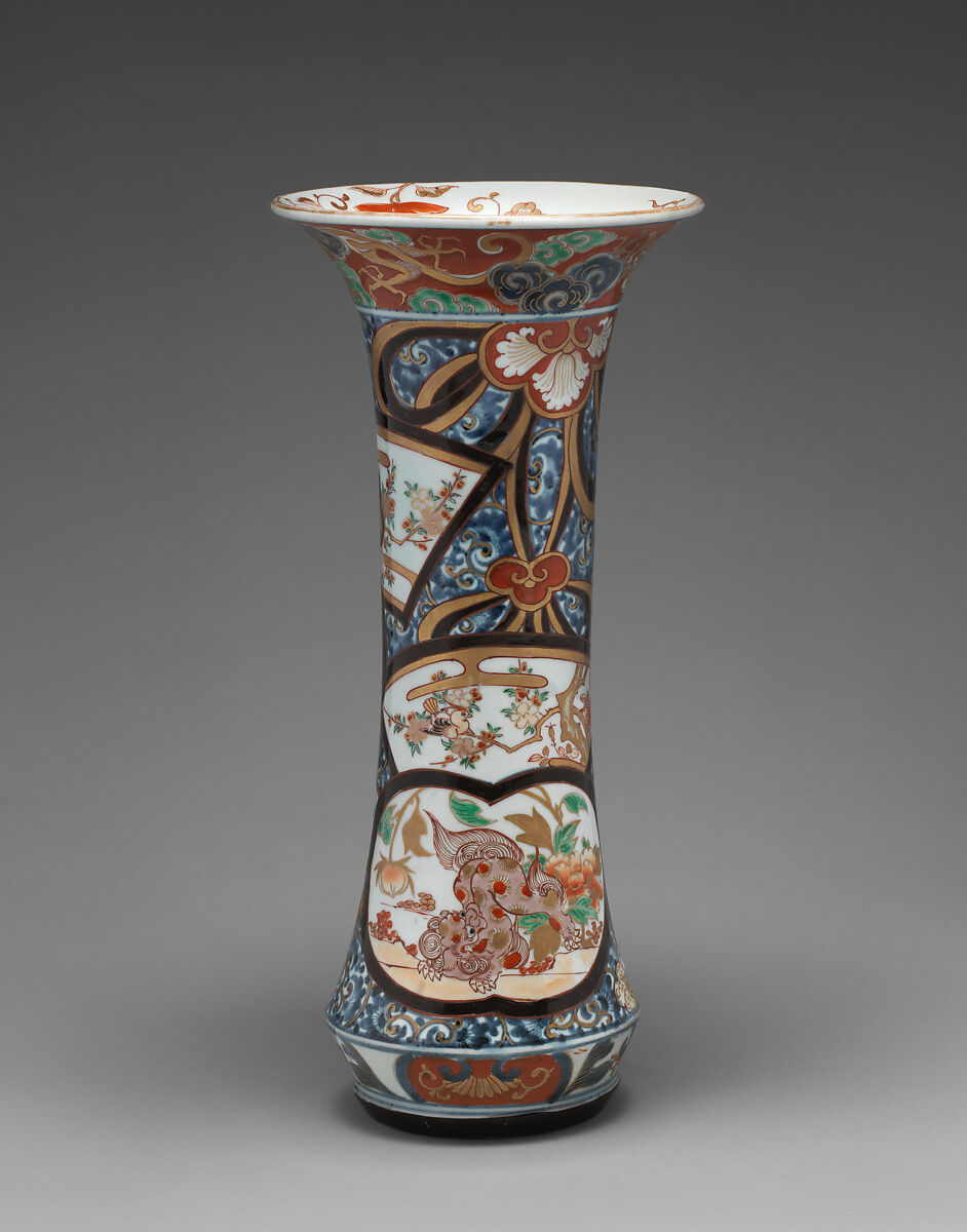 Beaker vase (part of an assembled garniture), Hard-paste porcelain with underglaze blue and overglaze enamel and gilding, Japanese, for export market (Hizen ware, Imari type)