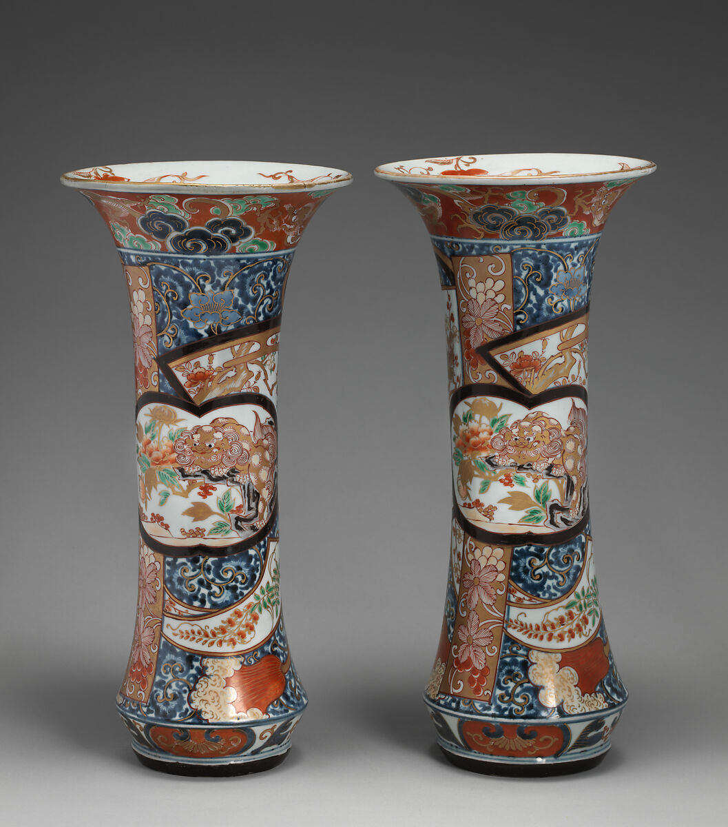 Beaker vase (part of an assembled garniture), Hard-paste porcelain with underglaze blue and overglaze enamel and gilding, Japanese, for export market (Hizen ware, Imari type)