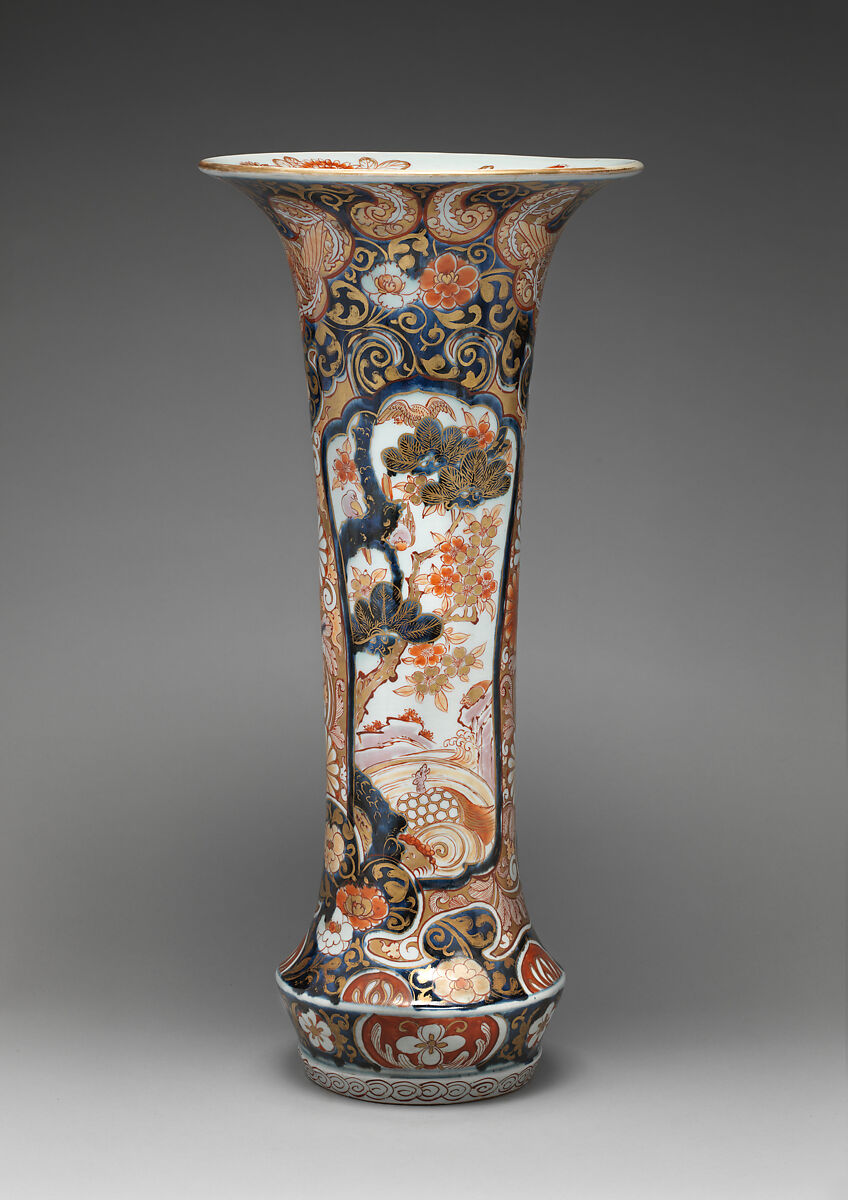 Beaker vase (part of an assembled garniture), Hard-paste porcelain with underglaze blue and overglaze enamel and gilding, Japanese, for export market (Hizen ware, Imari type)