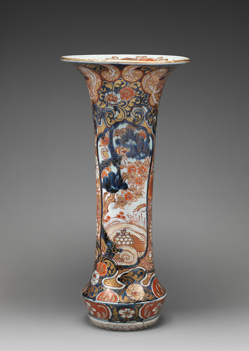 Beaker vase (part of an assembled garniture), Hard-paste porcelain with underglaze blue and overglaze enamel and gilding, Japanese, for export market (Hizen ware, Imari type)