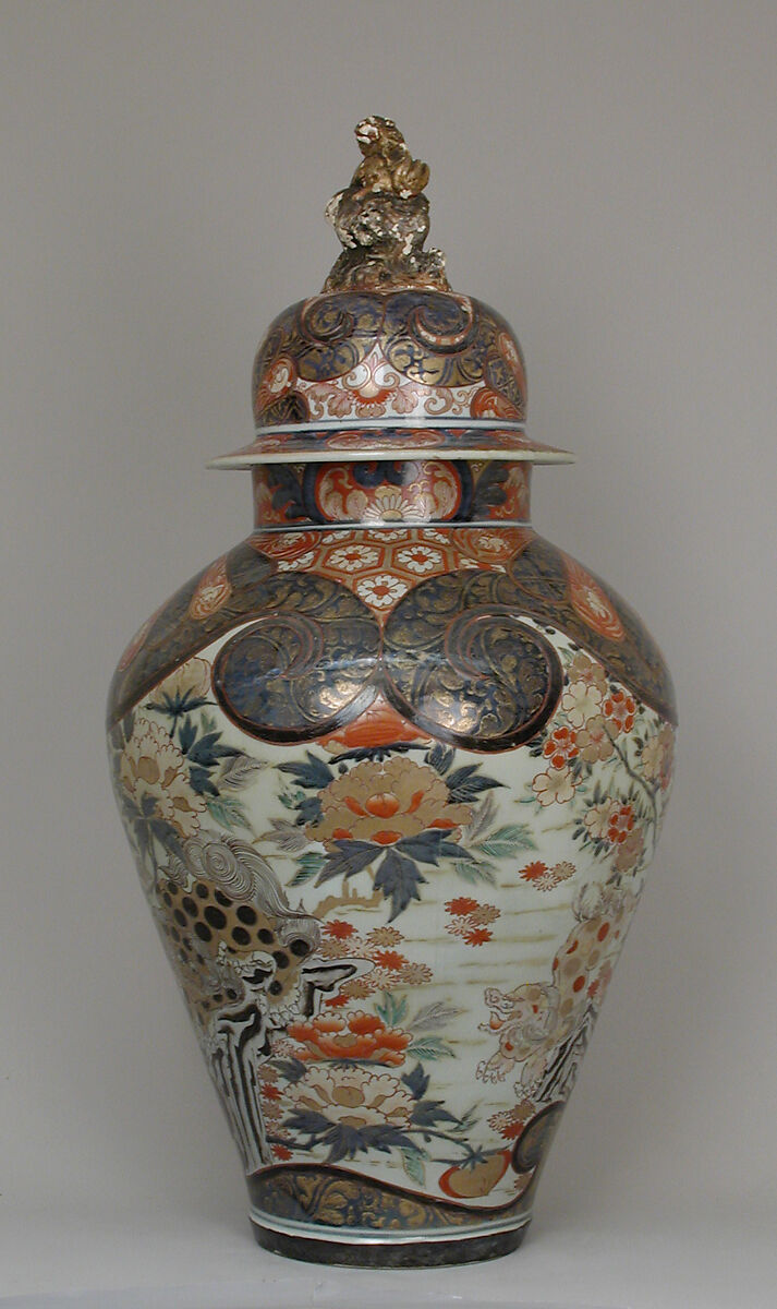 Baluster-shaped vase (part of an assembled garniture), Hard-paste porcelain with underglaze blue and overglaze enamel and gilding, Japanese, for export market (Hizen ware, Imari type)