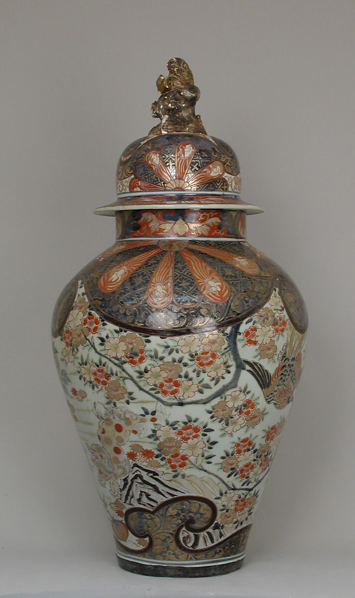 Baluster-shaped vase (part of an assembled garniture), Hard-paste porcelain with underglaze blue and overglaze enamel and gilding, Japanese, for export market (Hizen ware, Imari type)