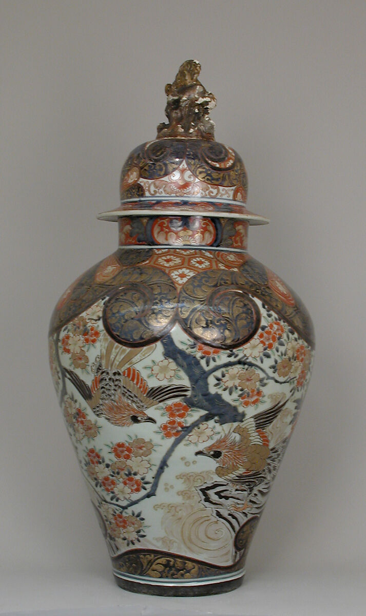Baluster-shaped vase (part of an assembled garniture), Hard-paste porcelain with underglaze blue and overglaze enamel and gilding, Japanese, for export market (Hizen ware, Imari type)