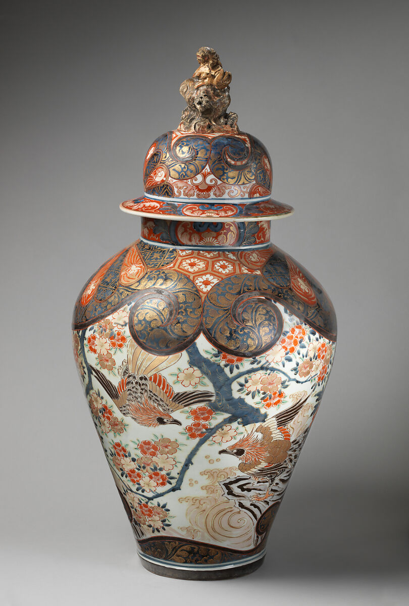 Baluster-shaped vase (part of an assembled garniture), Hard-paste porcelain with underglaze blue and overglaze enamel and gilding, Japanese, for export market (Hizen ware, Imari type)