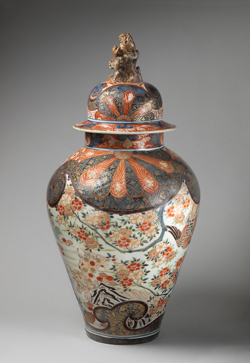 Baluster-shaped vase (part of an assembled garniture), Hard-paste porcelain with underglaze blue and overglaze enamel and gilding, Japanese, for export market (Hizen ware, Imari type) 