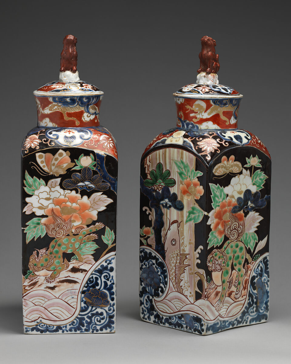 Square bottle with stopper (one of a pair), Hard-paste porcelain with underglaze blue and overglaze enamel and gilding, Japanese, for export market (Hizen ware, Imari type)
