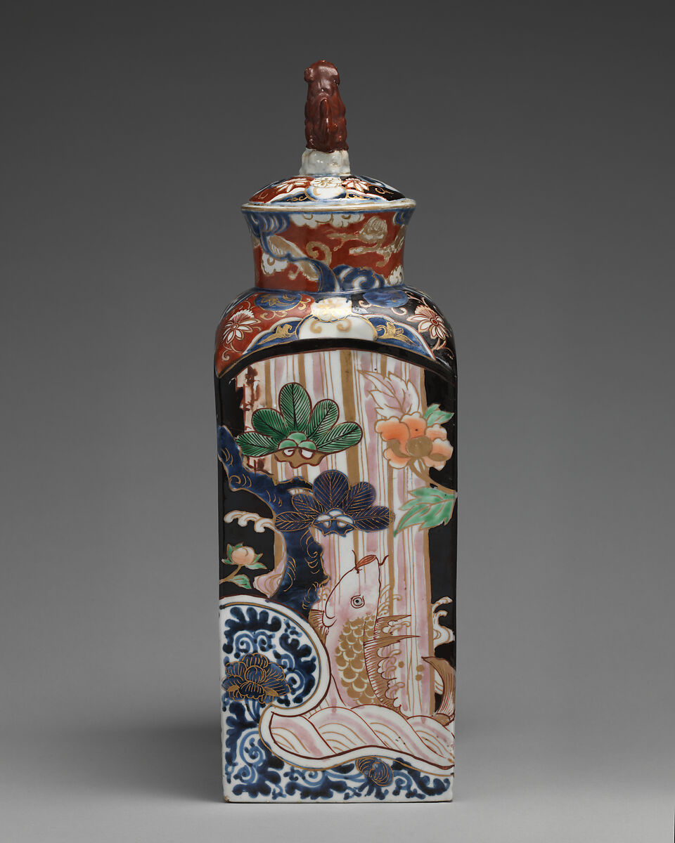 Square bottle with stopper (one of a pair), Hard-paste porcelain with underglaze blue and overglaze enamel and gilding, Japanese, for export market (Hizen ware, Imari type)