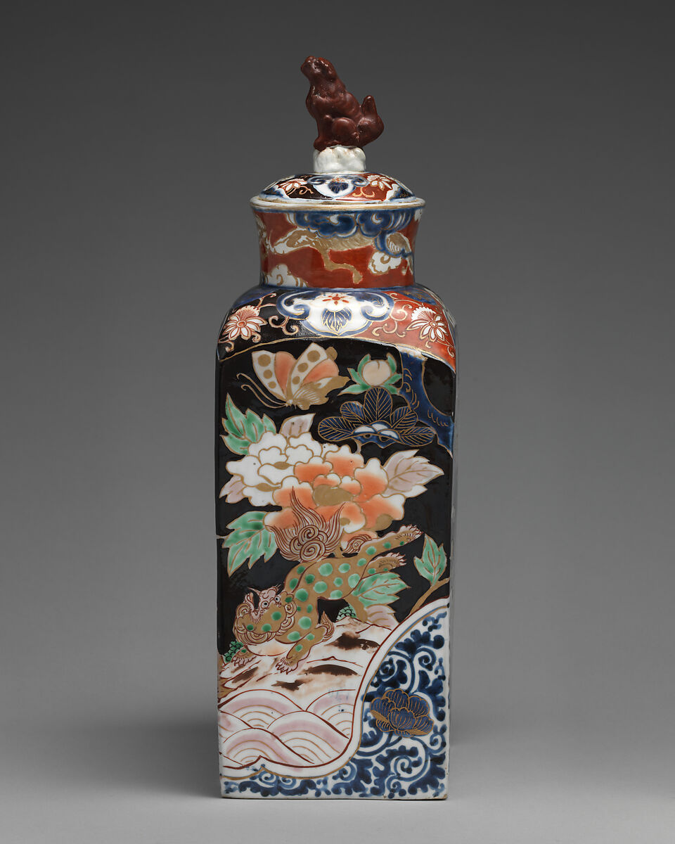 Square bottle with stopper (one of a pair), Hard-paste porcelain with underglaze blue and overglaze enamel and gilding, Japanese, for export market (Hizen ware, Imari type) 