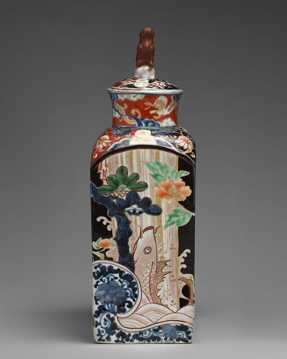 Square bottle with stopper (one of a pair), Hard-paste porcelain with underglaze blue and overglaze enamel and gilding, Japanese, for export market (Hizen ware, Imari type)