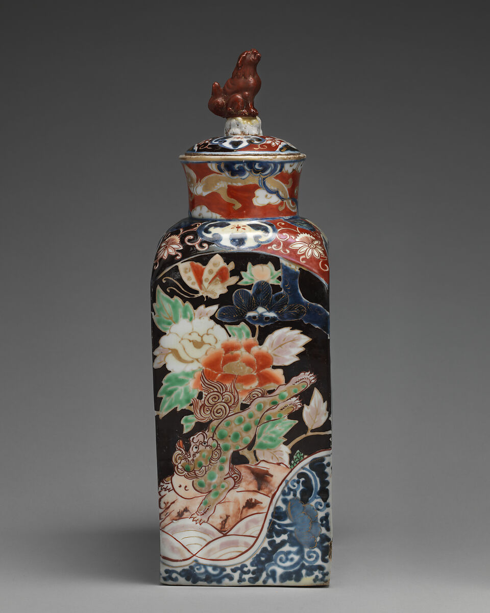 Square bottle with stopper (one of a pair), Hard-paste porcelain with underglaze blue and overglaze enamel and gilding, Japanese, for export market (Hizen ware, Imari type) 
