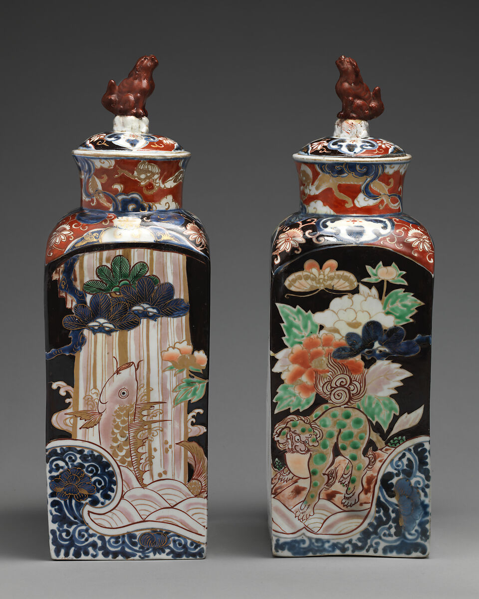 Square bottle with stopper (one of a pair), Hard-paste porcelain with underglaze blue and overglaze enamel and gilding, Japanese, for export market (Hizen ware, Imari type)