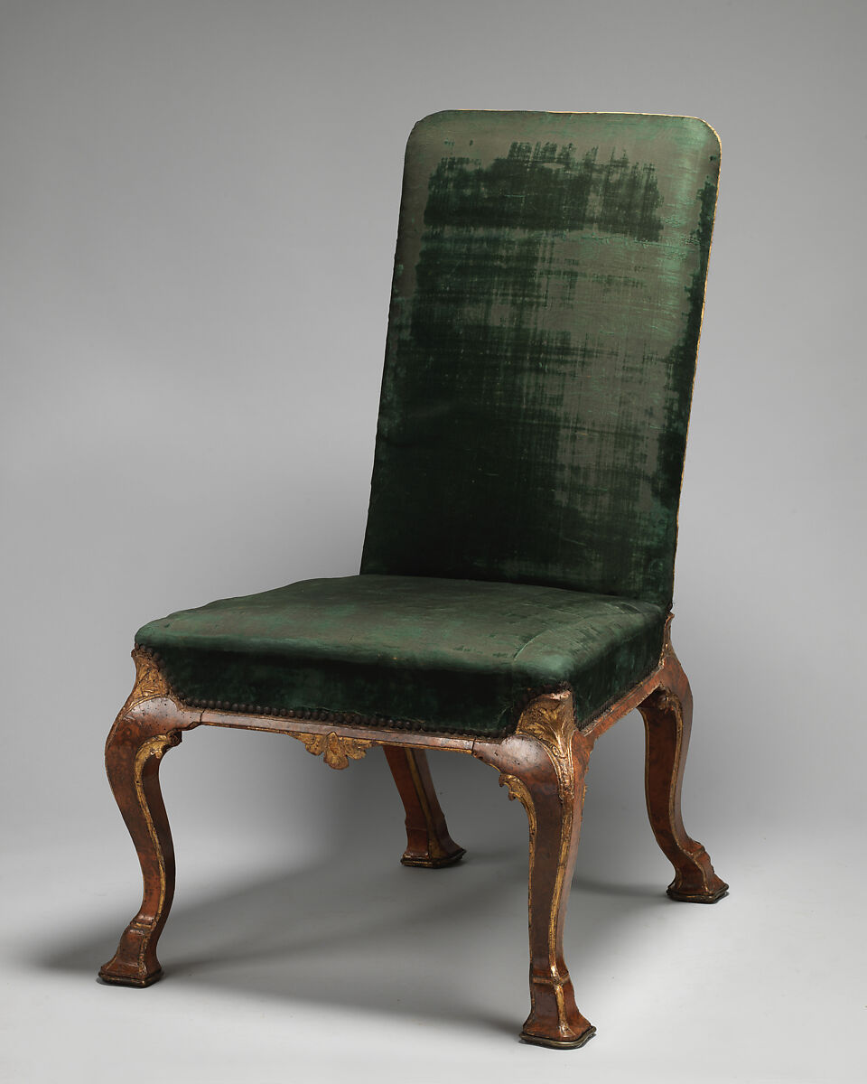 Side chair (one of a pair), Attributed to Richard Roberts (British, active 1714–29), Beech and oak veneered with burl walnut, parcel-gilt; covered in silk velvet, British 