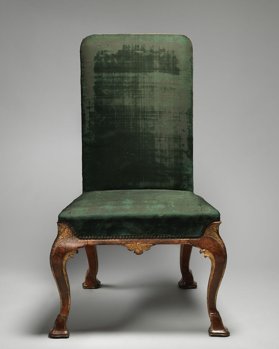 Side chair (one of a pair), Attributed to Richard Roberts (British, active 1714–29), Beech and oak veneered with burl walnut, parcel-gilt; covered in silk velvet, British