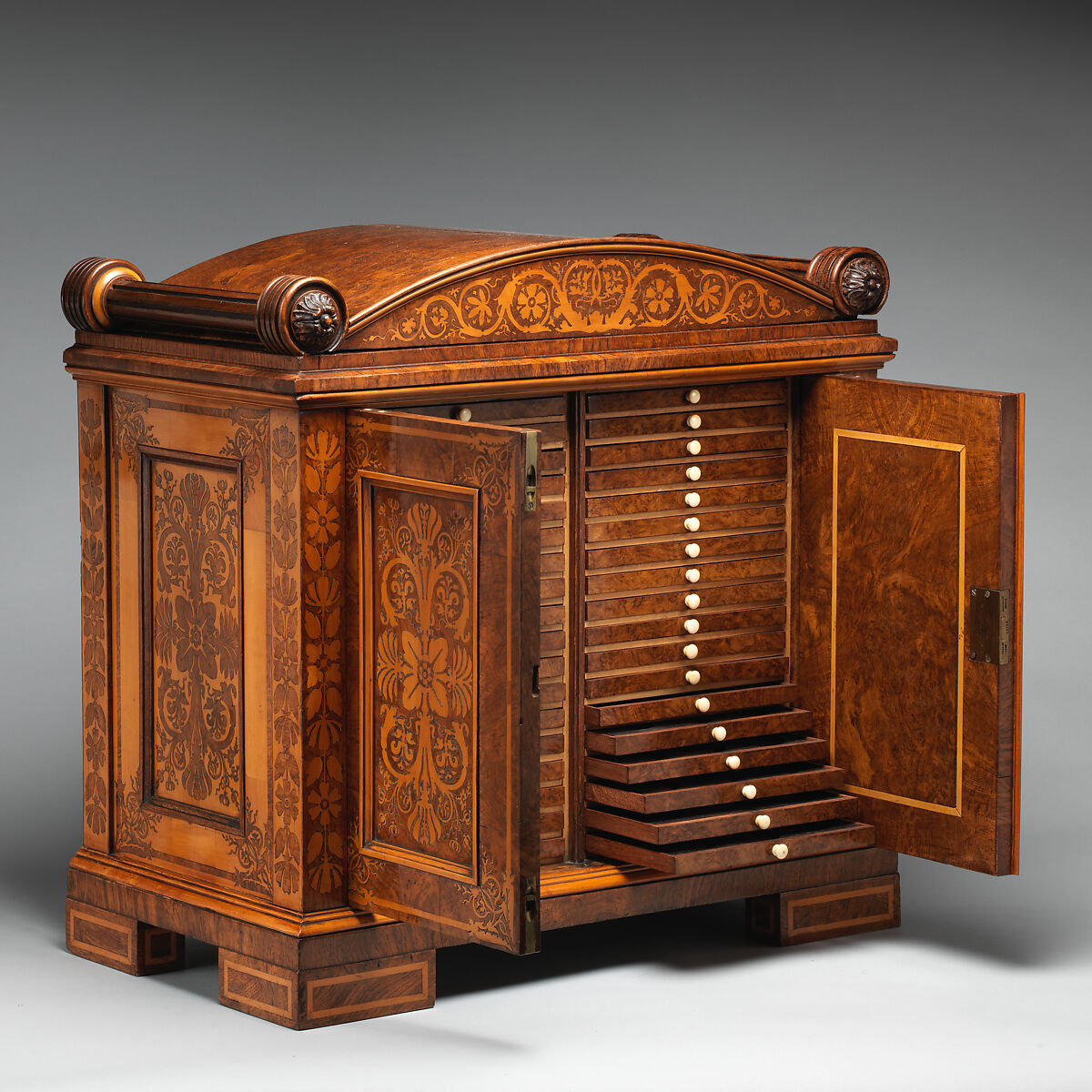 Medal cabinet, George Bullock (British, ca. 1782–1818), Mahogany, oak, pine, holly; marquetry and veneer of figured oak and holly; ebony and ebonized wood; ivory; silk velvet, British, London