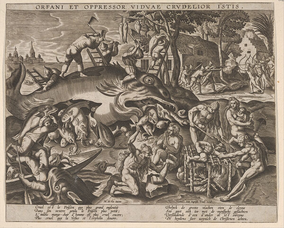 Big Fishes Eat Small Ones, Anonymous, Netherlandish, late 16th century, Engraving; first state of two 
