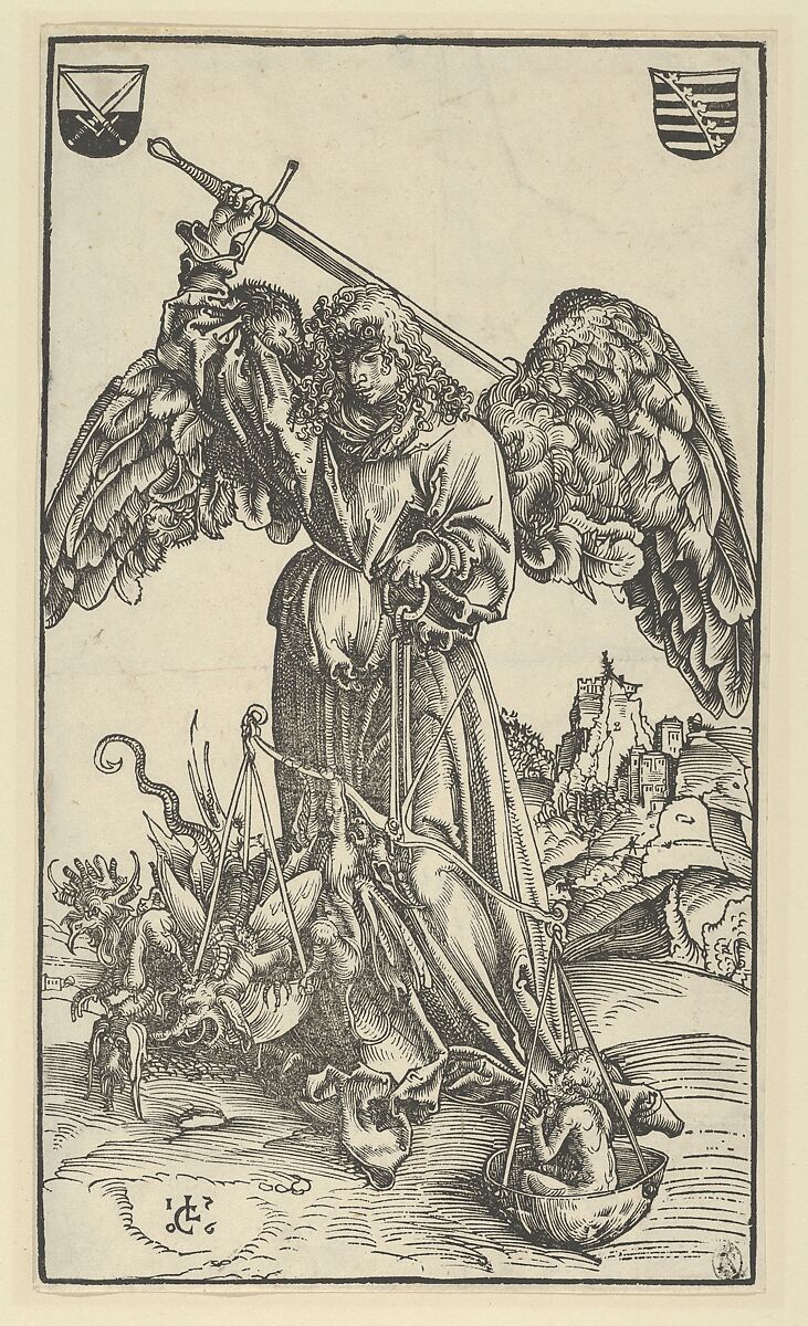 The Archangel Michael Weighing a Soul, Lucas Cranach the Elder (German, Kronach 1472–1553 Weimar), Woodcut; first state of two 