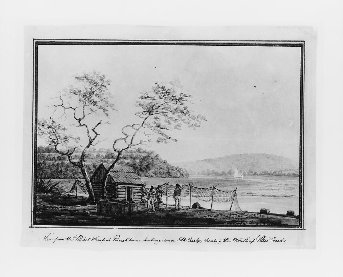 View from the Packet Wharf at Frenchtown Looking down Elk Creek, Benjamin Henry Latrobe (American (born England), Fulneck, Yorkshire 1764–1820 New Orleans, Louisiana), Watercolor, pen and iron gall ink, and graphite on off-white wove paper, American