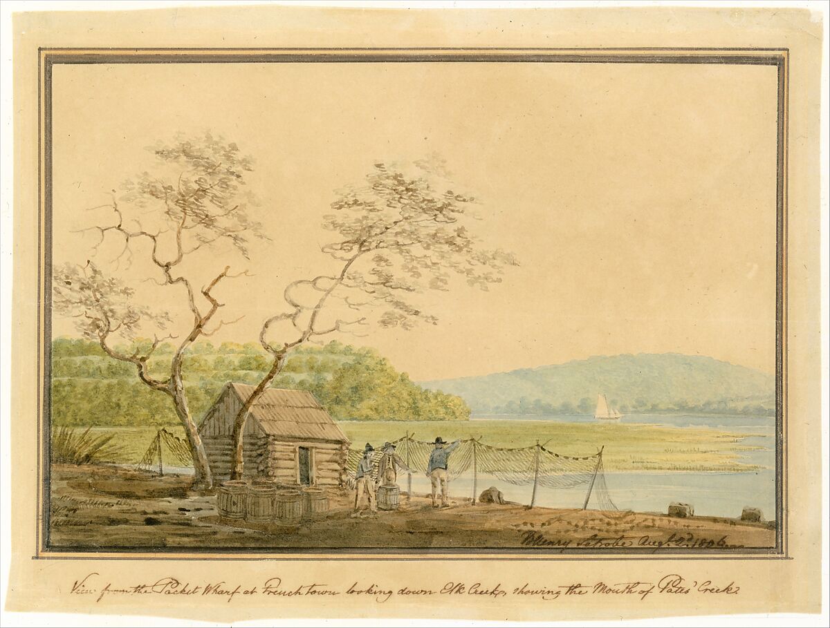 View from the Packet Wharf at Frenchtown Looking down Elk Creek, Benjamin Henry Latrobe (American (born England), Fulneck, Yorkshire 1764–1820 New Orleans, Louisiana), Watercolor, pen and iron gall ink, and graphite on off-white wove paper, American 