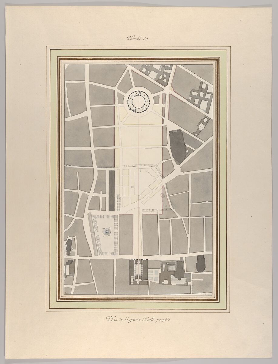 La Halle aux Blés, Street Plan, Pierre François Léonard Fontaine (French, Pontoise 1762–1853 Paris), Pen and gray wash with watercolor, over graphite 