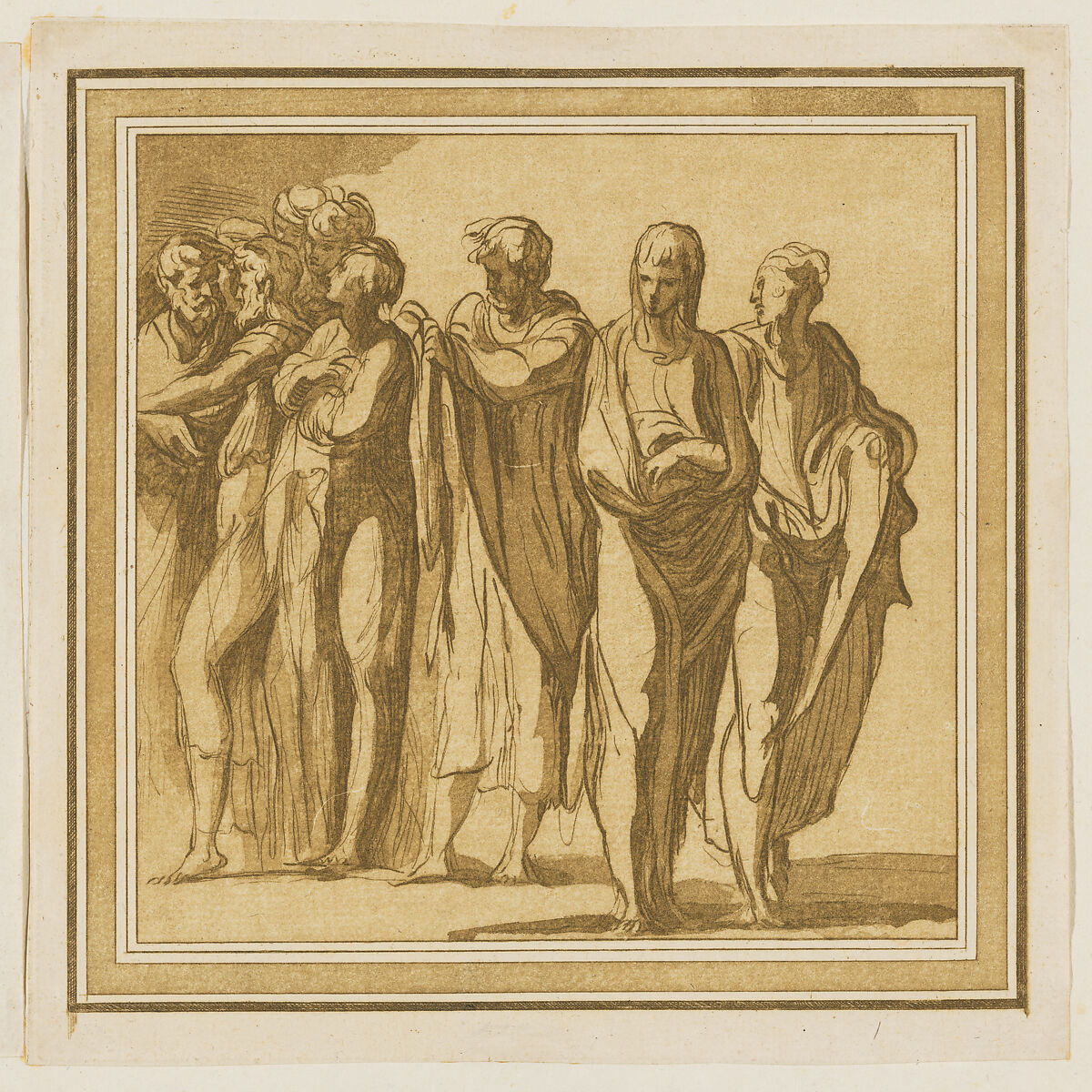 Six Apostles Looking Backwards, from Prove di Vari Rami Inediti [...], Francesco Rosaspina (Italian, Montescudo 1762–1841 Bologna), Etching and aquatint with brown ink 