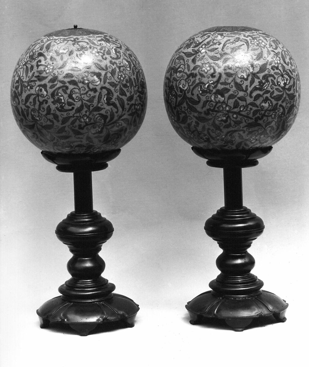 Hat Stand (One of a Pair), Cloisonné enamel tops on wood bases, China 