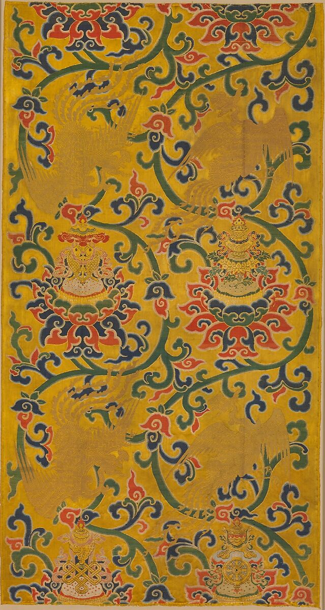 Textile panel with phoenixes and lotuses holding the Eight Buddhist Treasures, Satin brocaded with silk and metallic thread, China 