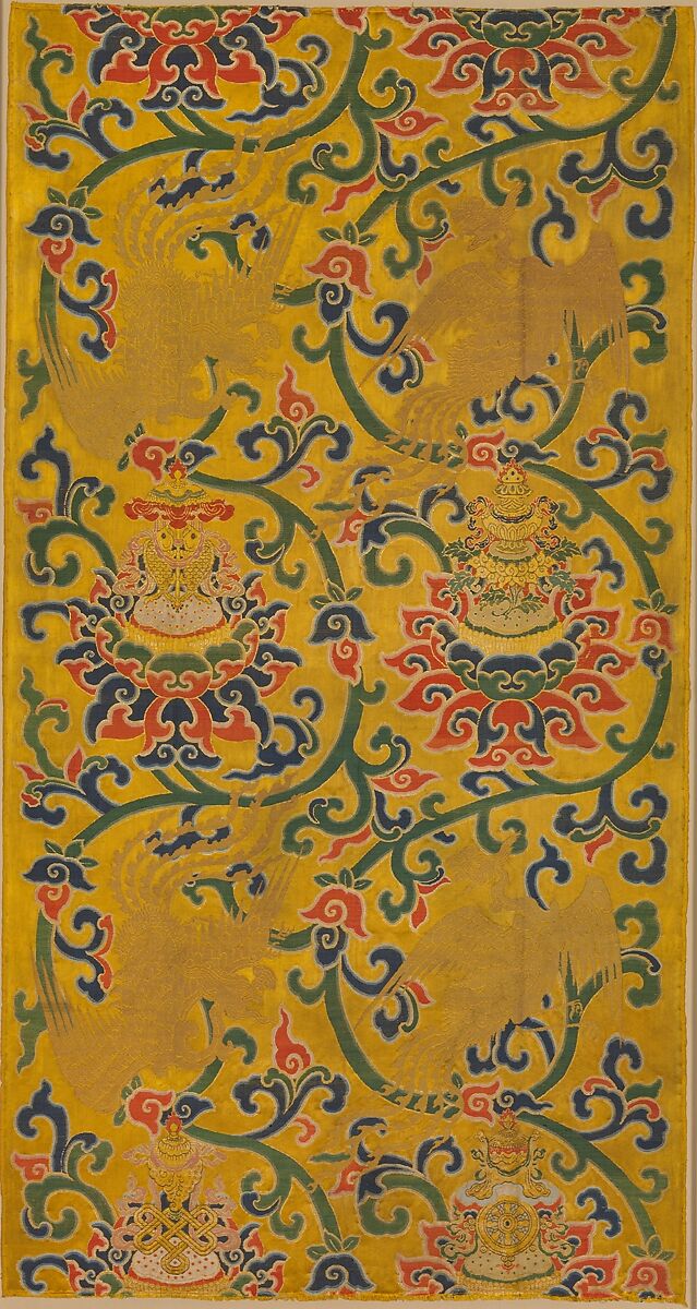 Textile panel with phoenixes and lotuses holding the Eight Buddhist Treasures, Satin brocaded with silk and metallic thread, China