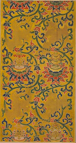 Textile panel with phoenixes and lotuses holding the Eight Buddhist Treasures