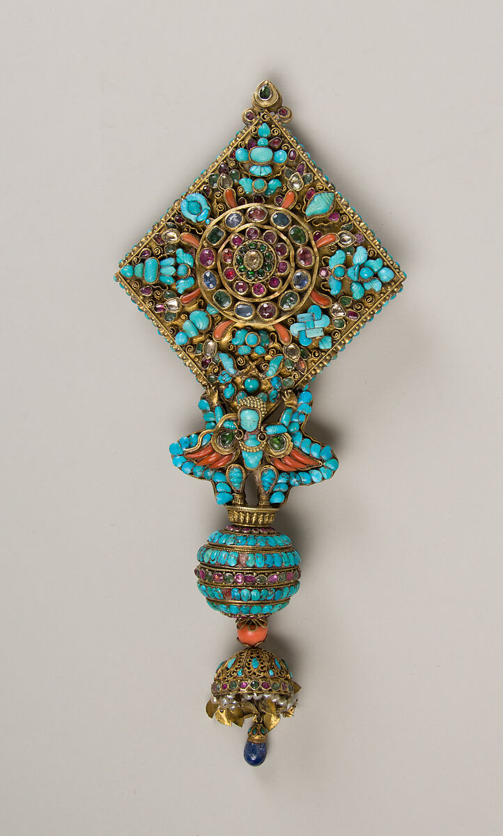 Ear Ornament for a Deity, Mercury, gilt silver, rubies, emeralds, sapphires, lapis lazuli, coral, pearls, and turquoise, Nepal 