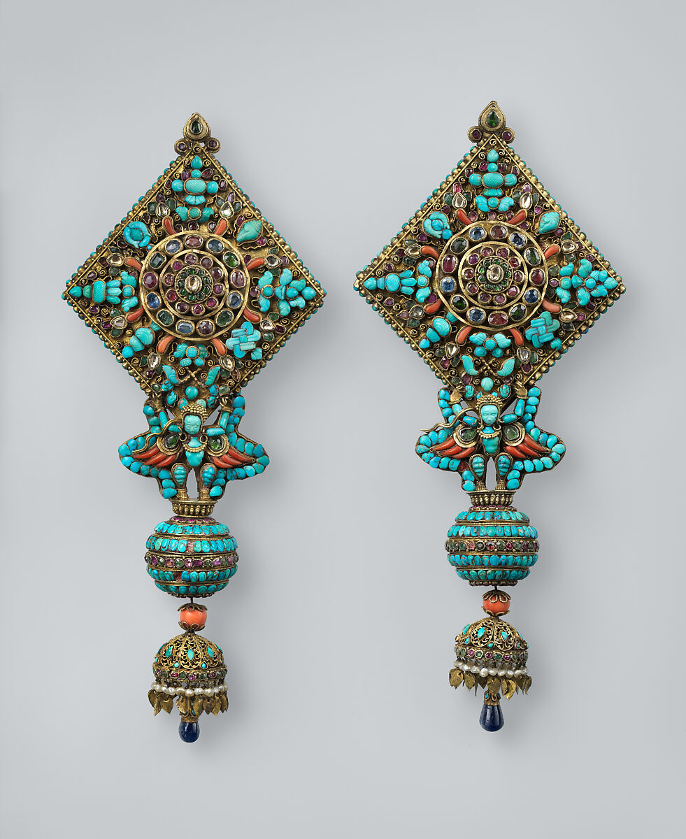 Ear Ornament for a Deity, Mercury, gilt silver, rubies, emeralds, sapphires, lapis lazuli, coral, pearls, and turquoise, Nepal