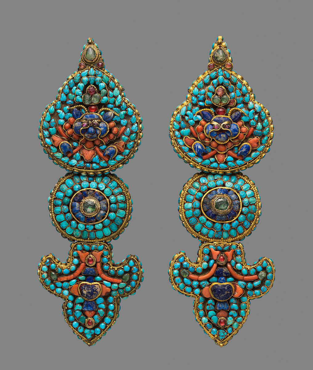 Ear Ornament for a  Deity, Gold, coral, shell, and turquoise, Nepal