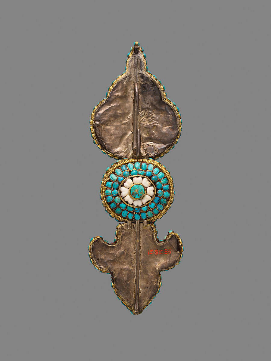 Ear Ornament for a  Deity, Gold, coral, shell, and turquoise, Nepal