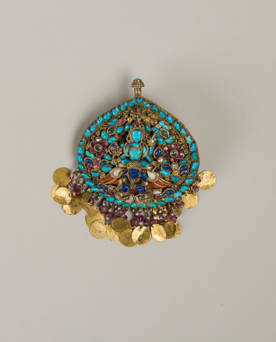 Earring for a Deity Showing Vishnu Riding Garuda, Gilt silver, rubies, sapphires, lapis lazuli, coral, shell, pearls, and turquoise, Nepal 