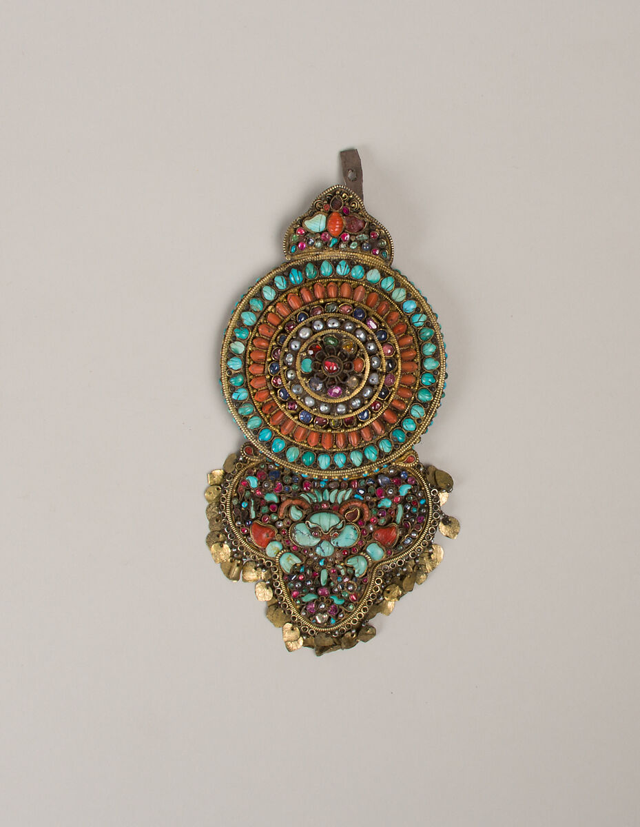 Earring, Silver gilt with precious and semi-precious stones, Tibet 