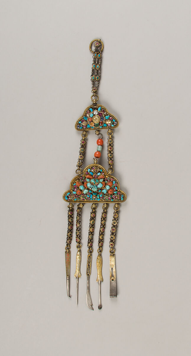 Woman’s Belt Hangings, Gilt silver, rubies, emeralds, sapphires, coral, shell, lapis lazuli, and turquoise, Newari for Tibetan market 