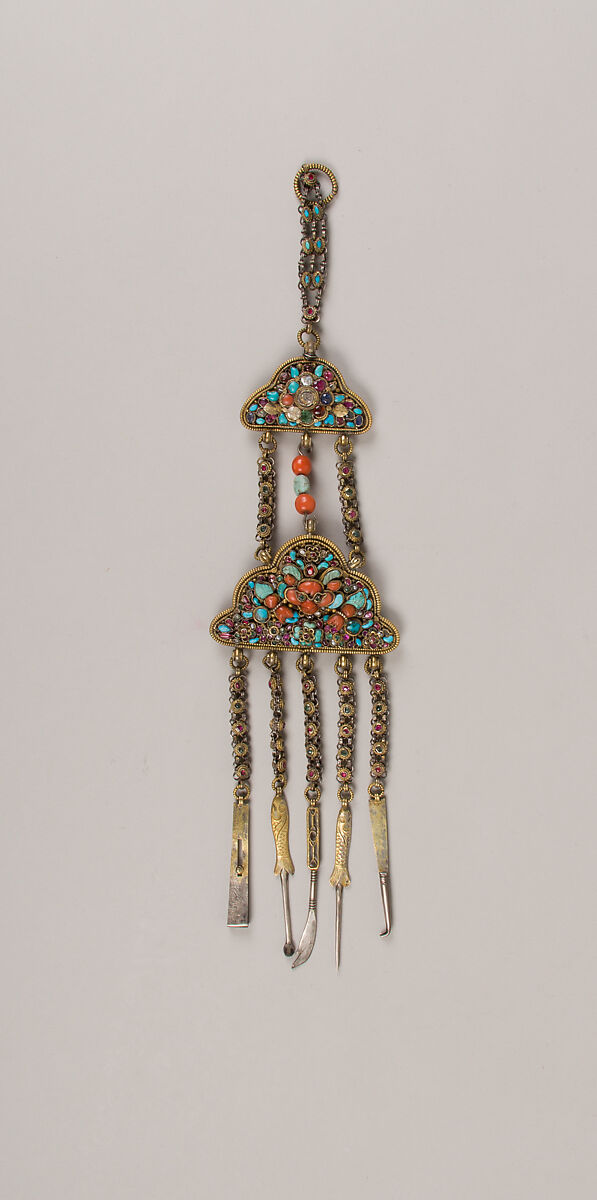 Woman’s Belt Hangings, Gilt silver, rubies, emeralds, sapphires, coral, shell, lapis lazuli, and turquoise, Newari for Tibetan market