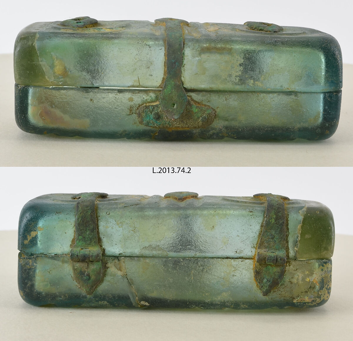Box with Metal Mounts, Glass, greenish color; mold-blown, wheel-cut decoration, metal mounts