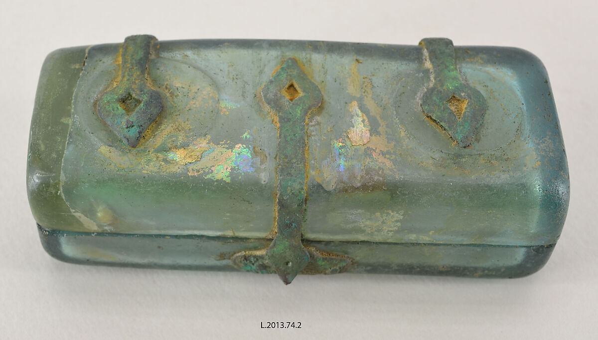 Box with Metal Mounts, Glass, greenish color; mold-blown, wheel-cut decoration, metal mounts