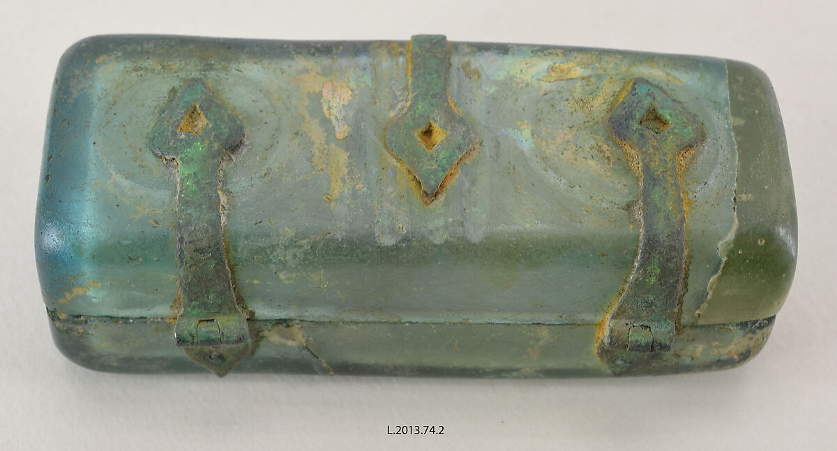 Box with Metal Mounts, Glass, greenish color; mold-blown, wheel-cut decoration, metal mounts
