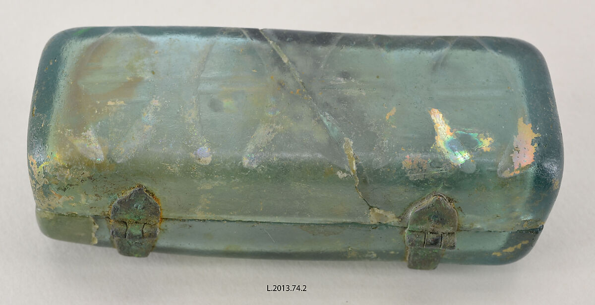 Box with Metal Mounts, Glass, greenish color; mold-blown, wheel-cut decoration, metal mounts