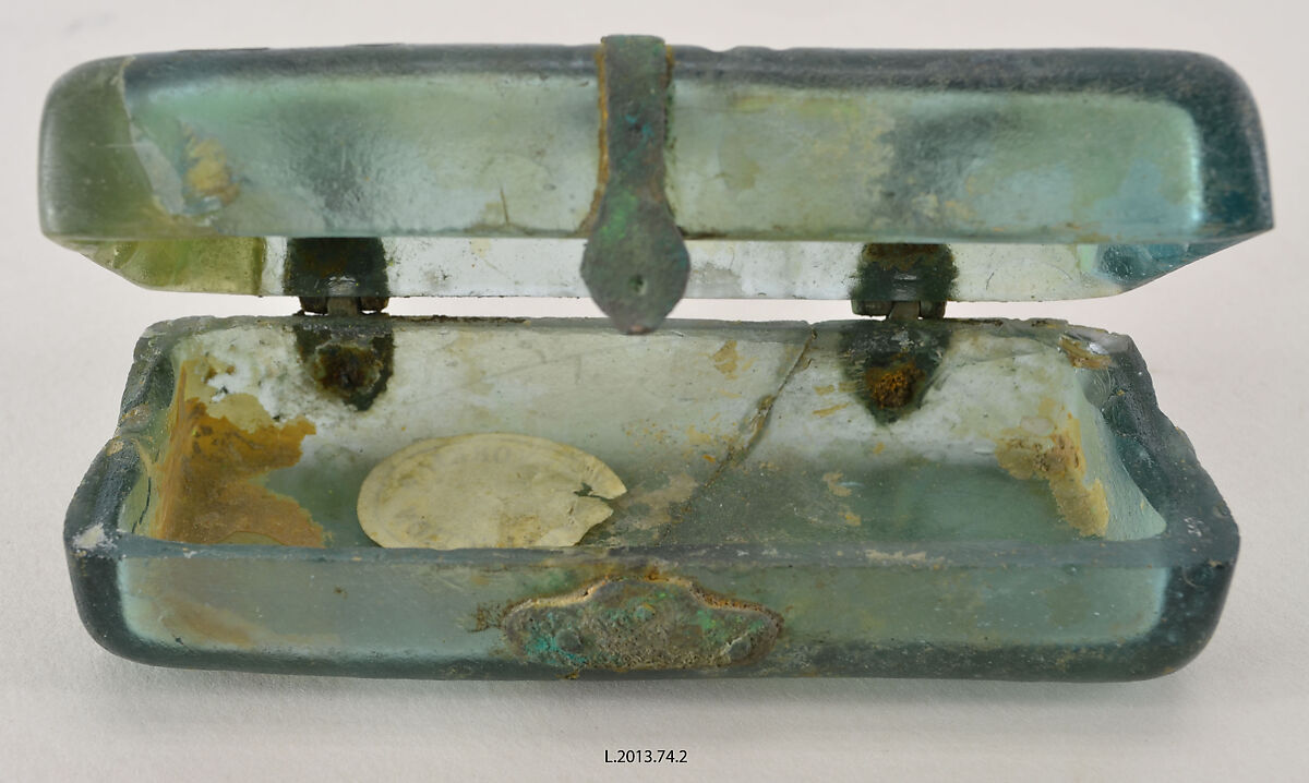 Box with Metal Mounts, Glass, greenish color; mold-blown, wheel-cut decoration, metal mounts