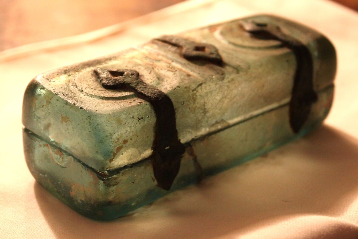 Box with Metal Mounts, Glass, greenish color; mold-blown, wheel-cut decoration, metal mounts