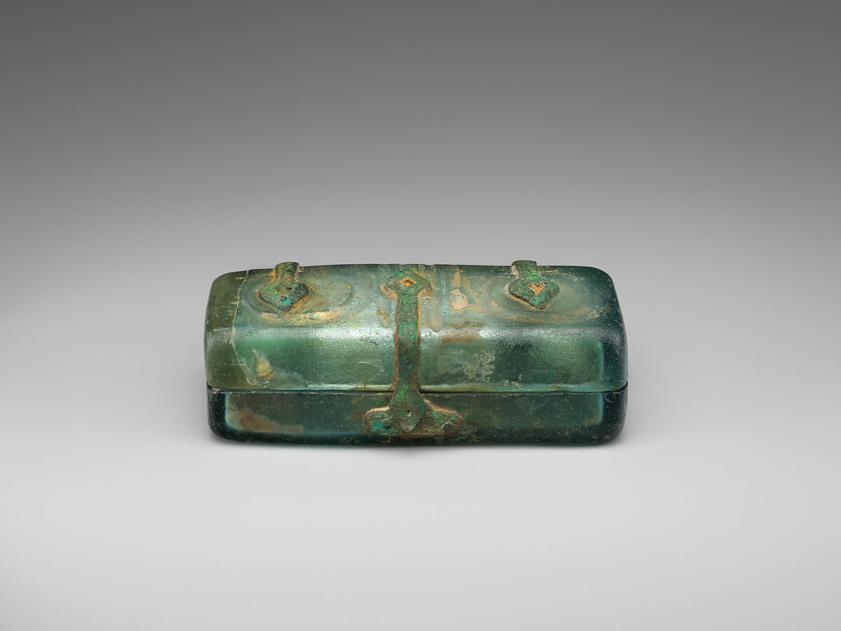 Box with Metal Mounts, Glass, greenish color; mold-blown, wheel-cut decoration, metal mounts