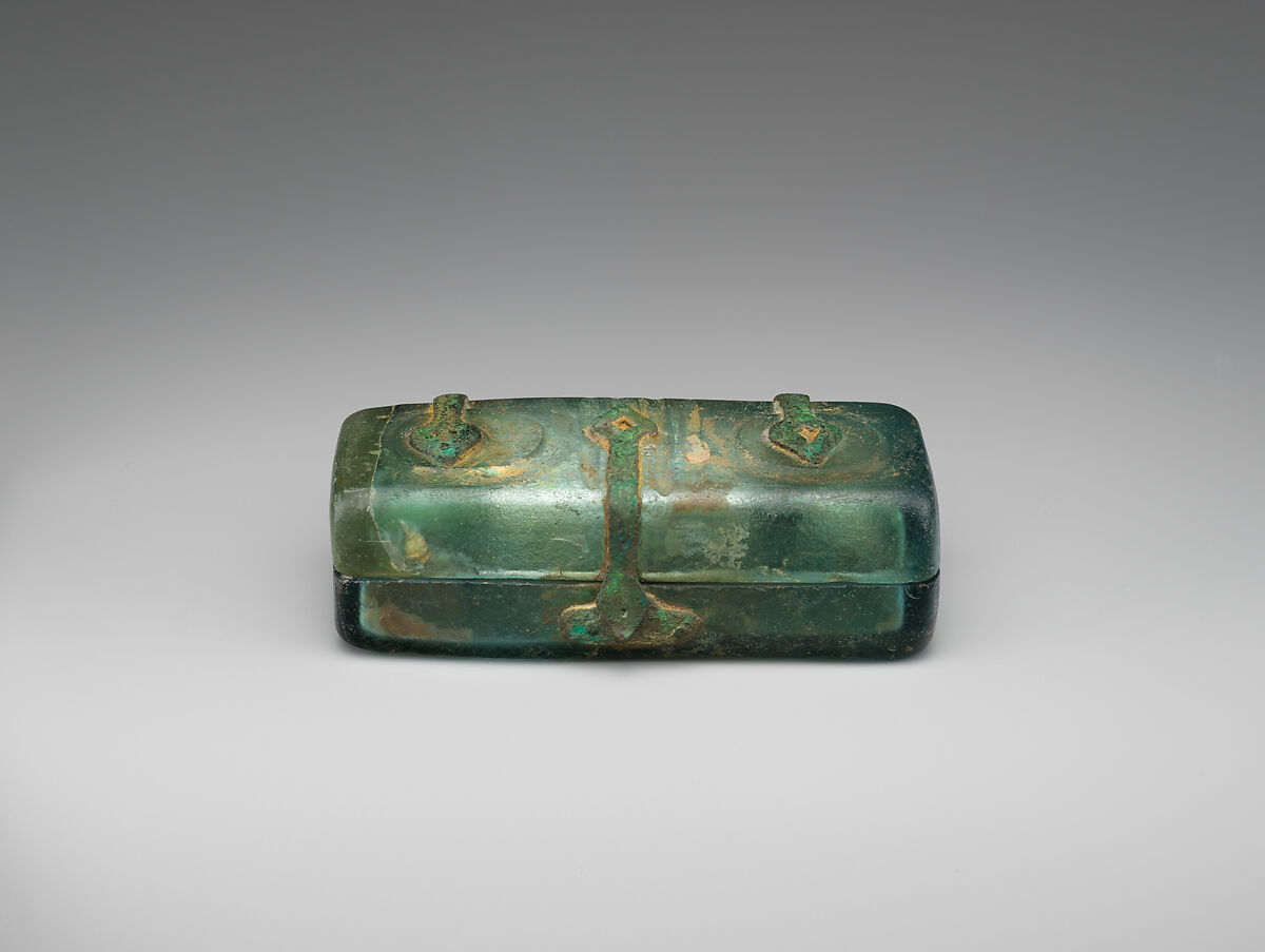 Box with Metal Mounts, Glass, greenish color; mold-blown, wheel-cut decoration, metal mounts