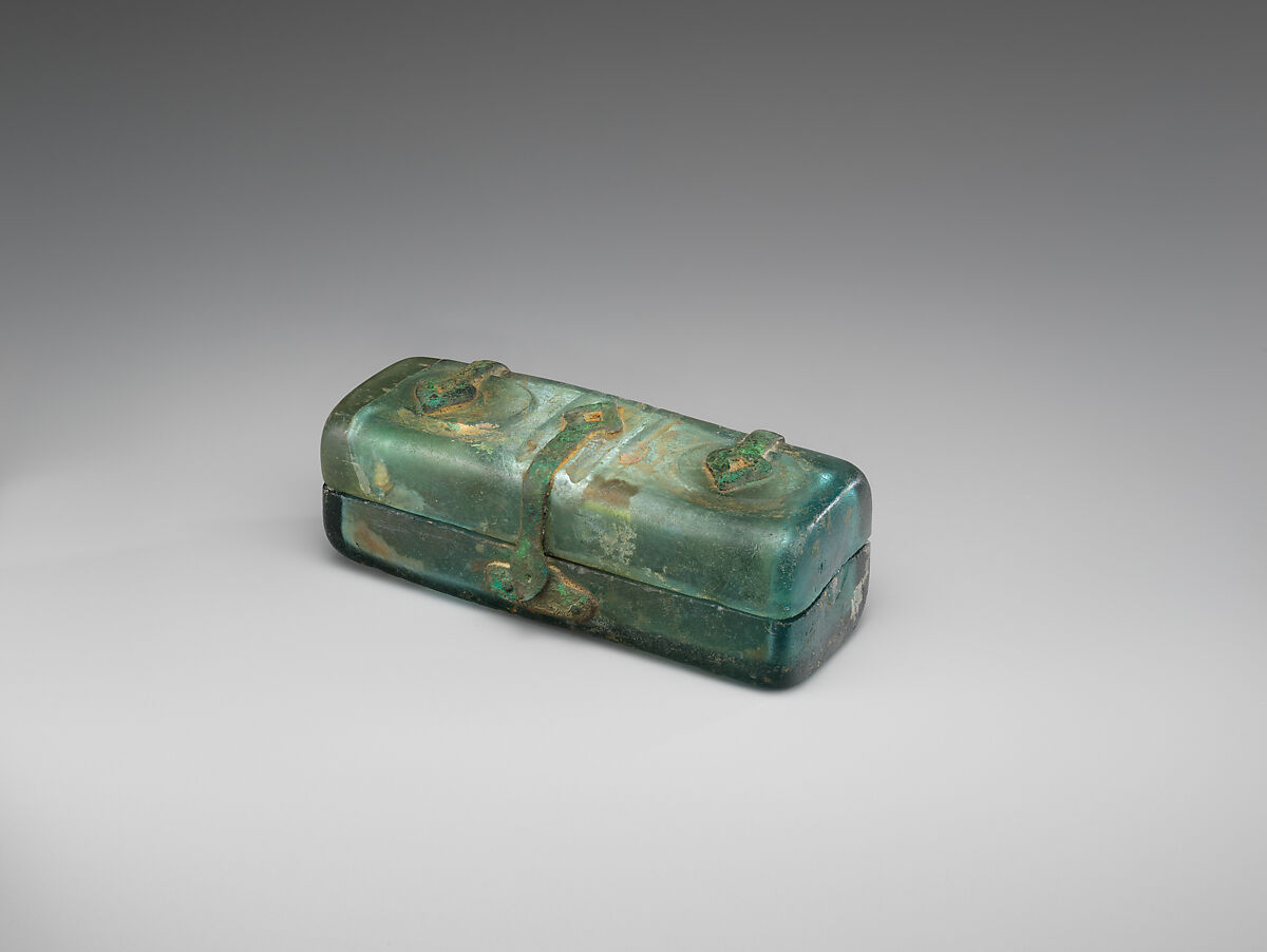 Box with Metal Mounts, Glass, greenish color; mold-blown, wheel-cut decoration, metal mounts