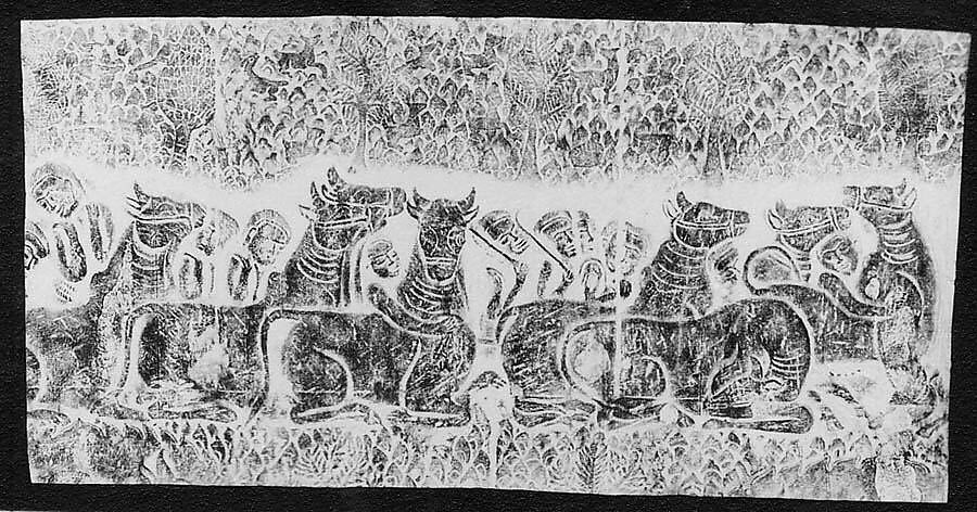Rubbing of Scene of Animals and Shepherds in the Forest, Ink on paper, Cambodia 