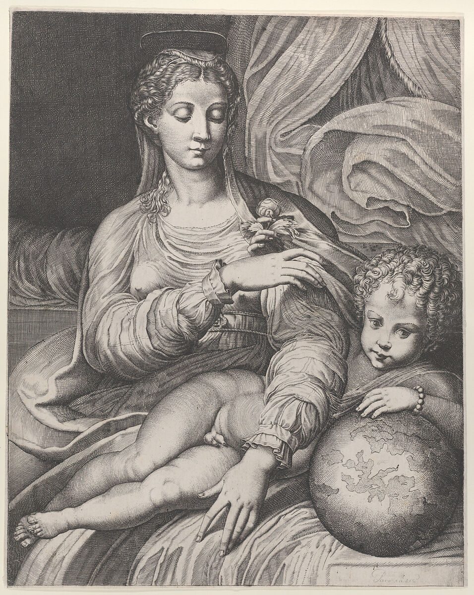 Madonna of the Rose, she reaches for a rose held by the Christ child, who rests his left arm on a globe, Domenico Tibaldi (Italian, 1541–1583 (active Bologna)), Engraving 